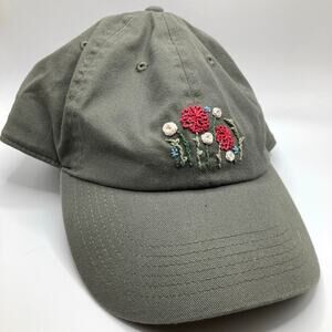 Olive Green Floral Hand Embroidered Washed Canvas Adjustable Baseball Dad Hat